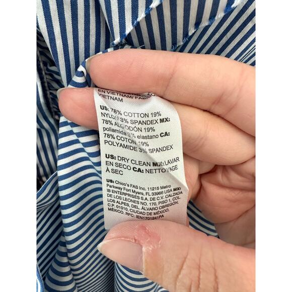CHICO’S Striped Blue White Ruffle Front Button Down Blouse Tunic | Size 1 Medium - Picture 6 of 6
